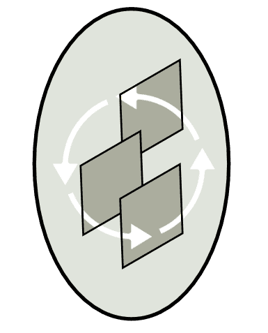 An oval contains four overlapping squares with a circular arrow pattern in the background, indicating a continuous or cyclical process.