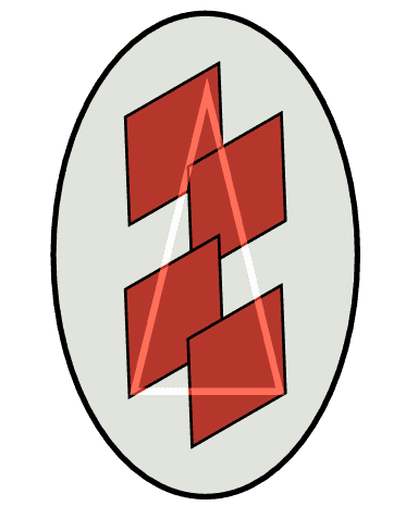 An oval outlines four red parallelograms stacked diagonally with a faint white triangle overlapping the shapes.