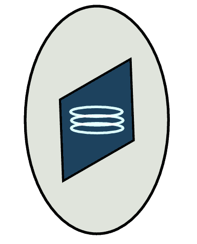An oval shape with a dark blue, slanted rectangle inside it; the rectangle contains three concentric, horizontal oval lines.