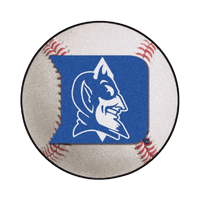 A baseball with red stitching features a blue flag containing a white outline of a devil's face in profile.
