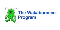 Green cartoon character with black antennae next to blue text that reads "The Wakaboomie Program" on a light gray background.