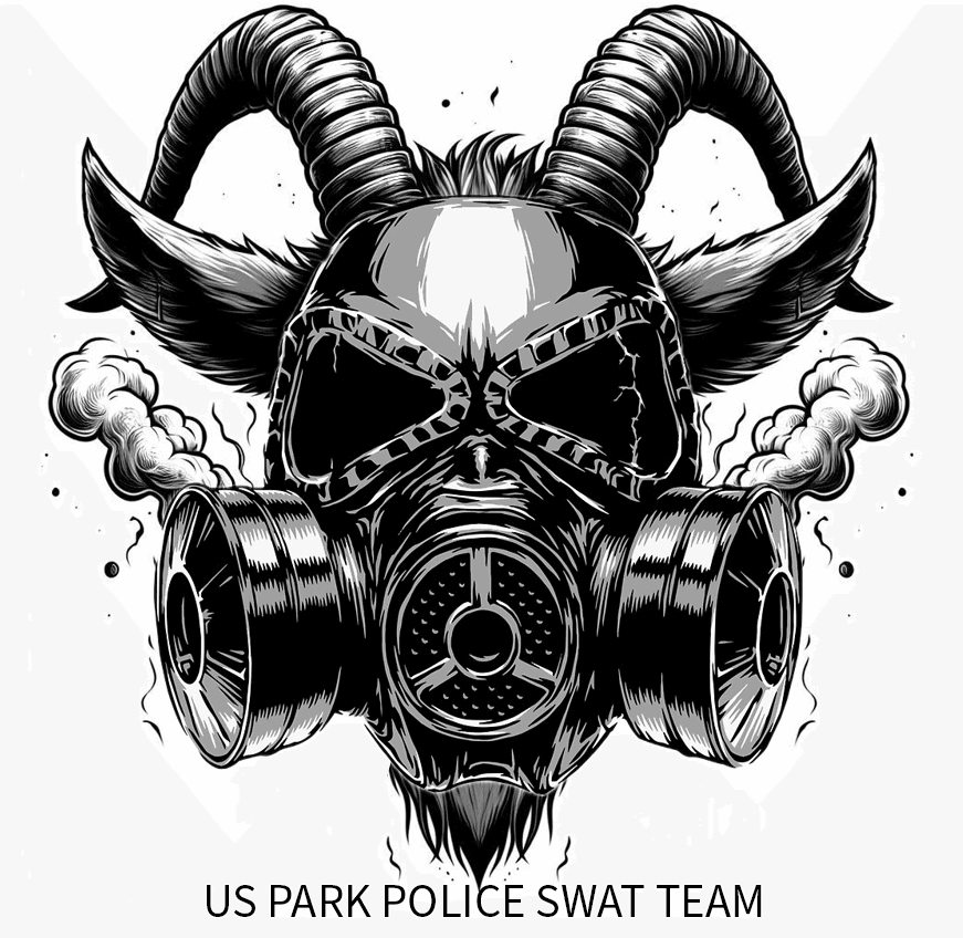 Illustration of a goat’s head wearing a gas mask with smoke, stylized in black and white. The text below reads: “US PARK POLICE SWAT TEAM.”.