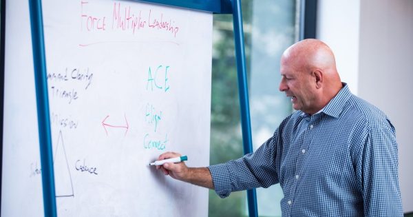 A man in a checkered shirt writes on a whiteboard with diagrams and the words "Force Multiplier Leadership" during a presentation.